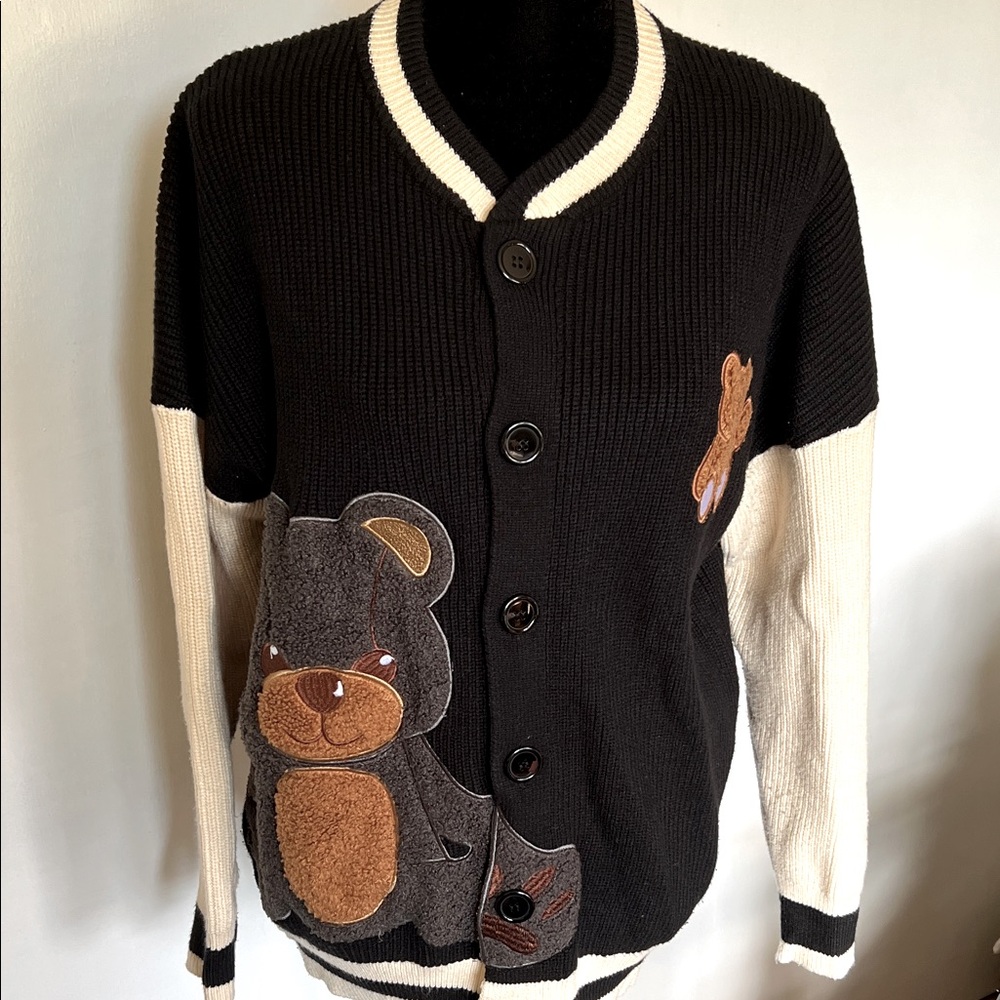 Plush Teddy Bear Appliquéd Cardigan - Size L
